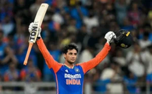 Indian cricket team celebrates reaching their fastest T20I team fifty during a match in Guwahati.