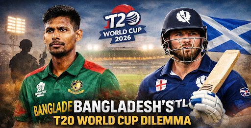Bangladesh cricket player and Scotland player facing off in T20 World Cup 2026 promotional image.