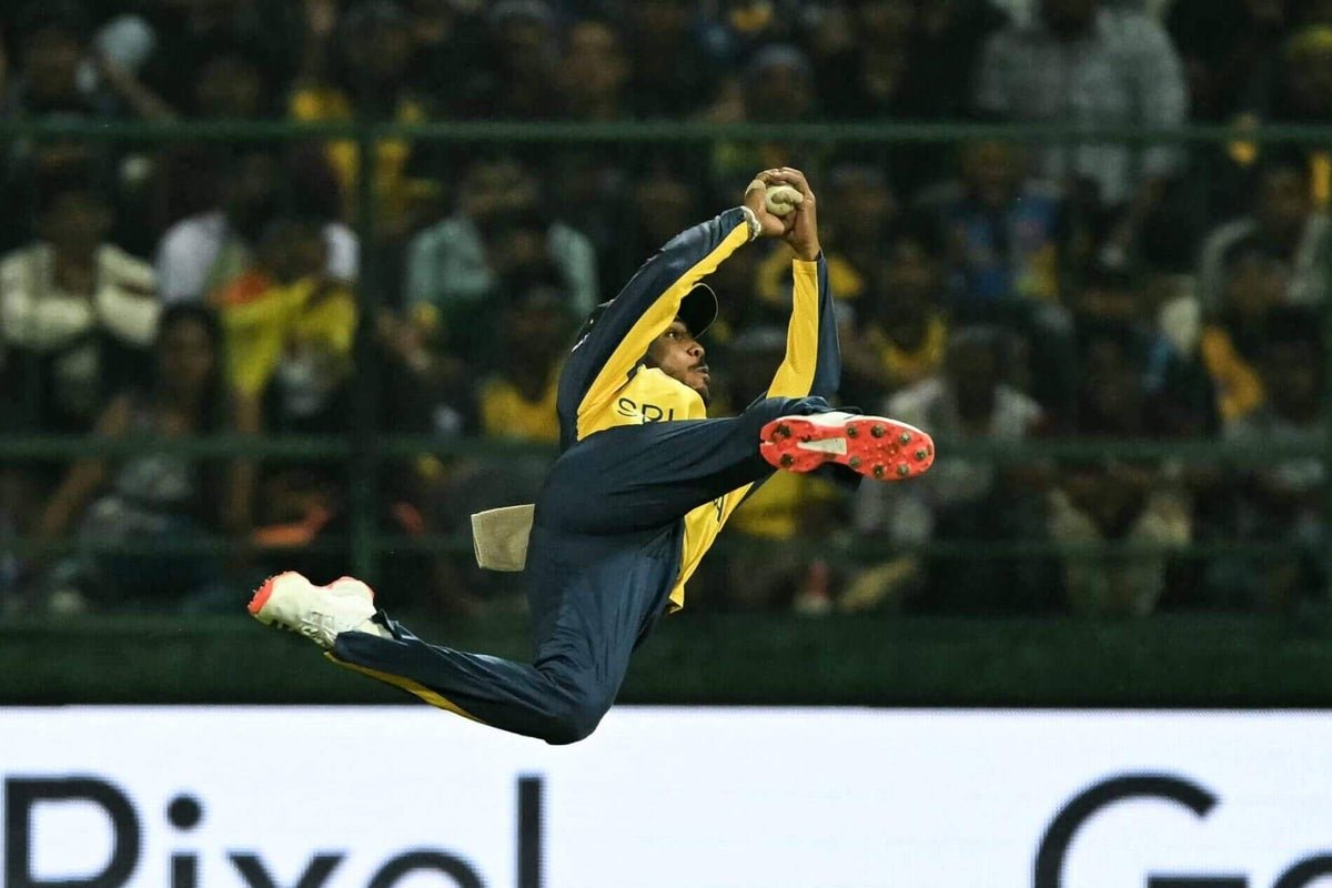 Sri Lanka’s Pathum Nissanka celebrating his century during a T20 World Cup match against Australia.