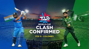 T20 World Cup banner for the India vs Pakistan match confirmed for Feb 15 in Colombo, featuring an Indian batsman and a Pakistani bowler against a packed stadium background with flags.