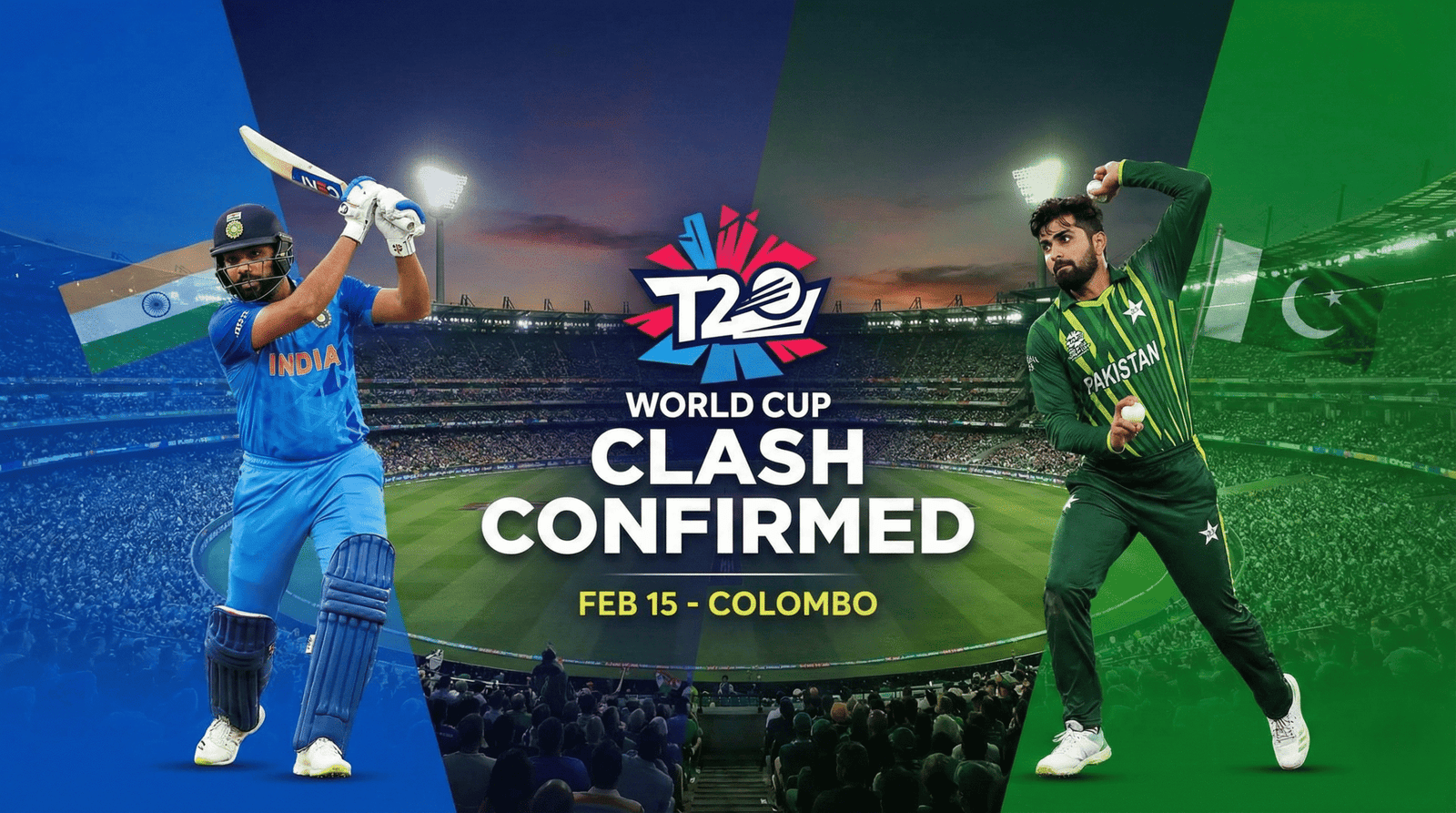 T20 World Cup banner for the India vs Pakistan match confirmed for Feb 15 in Colombo, featuring an Indian batsman and a Pakistani bowler against a packed stadium background with flags.