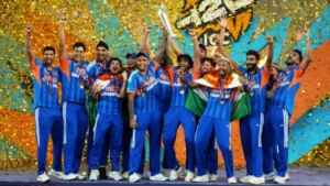 Indian cricket team celebrating after defeating New Zealand to retain the T20 World Cup title in the final at Ahmedabad.
