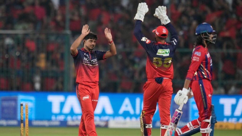 Virat Kohli batting for RCB and Rasikh Salam Dar celebrating wickets in RCB’s win over LSG in IPL 2026.