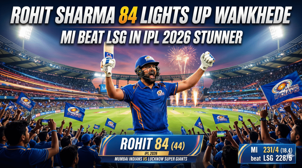 Rohit Sharma celebrating his 84-run knock in a Mumbai Indians jersey at Wankhede Stadium, surrounded by cheering fans and fireworks, representing the MI vs LSG IPL 2026 match.