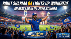 Rohit Sharma celebrating his 84-run knock in a Mumbai Indians jersey at Wankhede Stadium, surrounded by cheering fans and fireworks, representing the MI vs LSG IPL 2026 match.