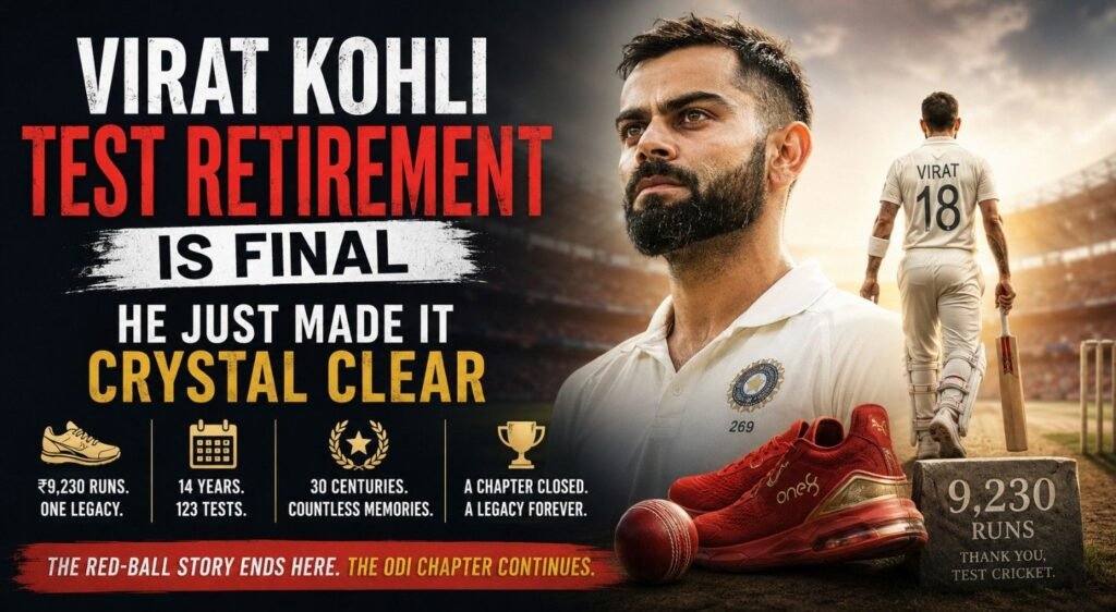 Illustration of Virat Kohli in white Test cricket attire with bold headline announcing his final Test retirement, featuring a symbolic red shoe representing his 9,230 Test runs and a stadium backdrop.