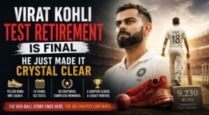 Illustration of Virat Kohli in white Test cricket attire with bold headline announcing his final Test retirement, featuring a symbolic red shoe representing his 9,230 Test runs and a stadium backdrop.