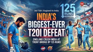 Infographic banner for India's biggest-ever T20I defeat against England at Trent Bridge, showing a dejected Indian batsman and celebrating English players with a 125-run margin graphic.