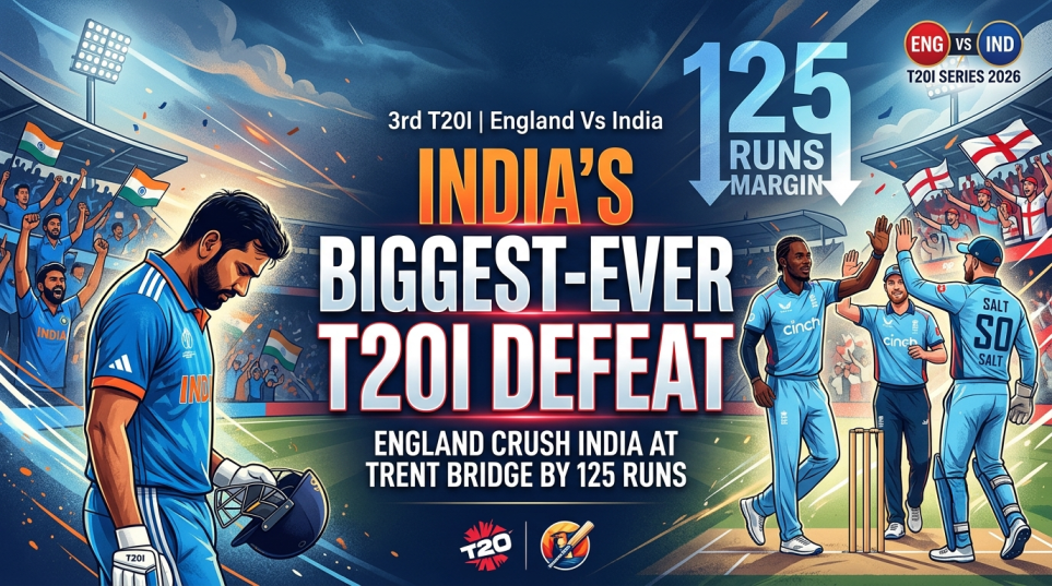 Infographic banner for India's biggest-ever T20I defeat against England at Trent Bridge, showing a dejected Indian batsman and celebrating English players with a 125-run margin graphic.