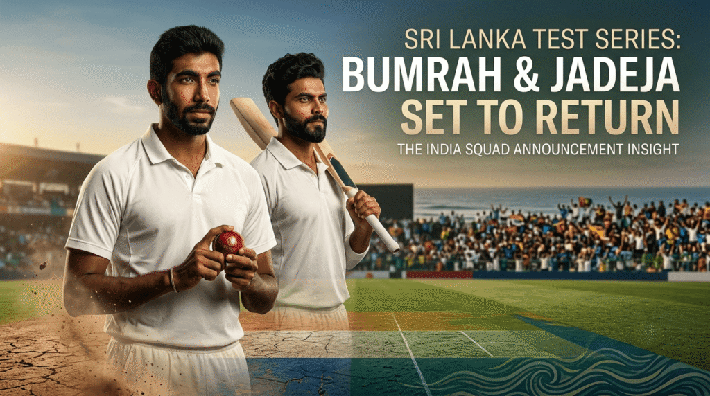 Jasprit Bumrah holding a red cricket ball alongside Ravindra Jadeja with a bat in white uniforms for the Sri Lanka Test series editorial banner.