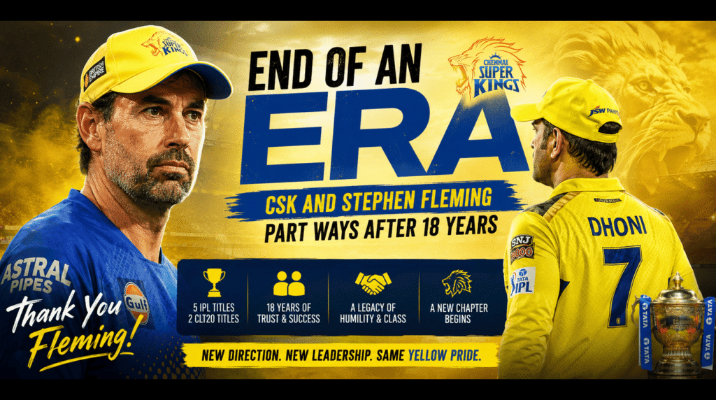 Landscape banner featuring Stephen Fleming and MS Dhoni in Chennai Super Kings colors, highlighting CSK and Stephen Fleming parting ways after 18 years with a dramatic "End of an Era" theme.