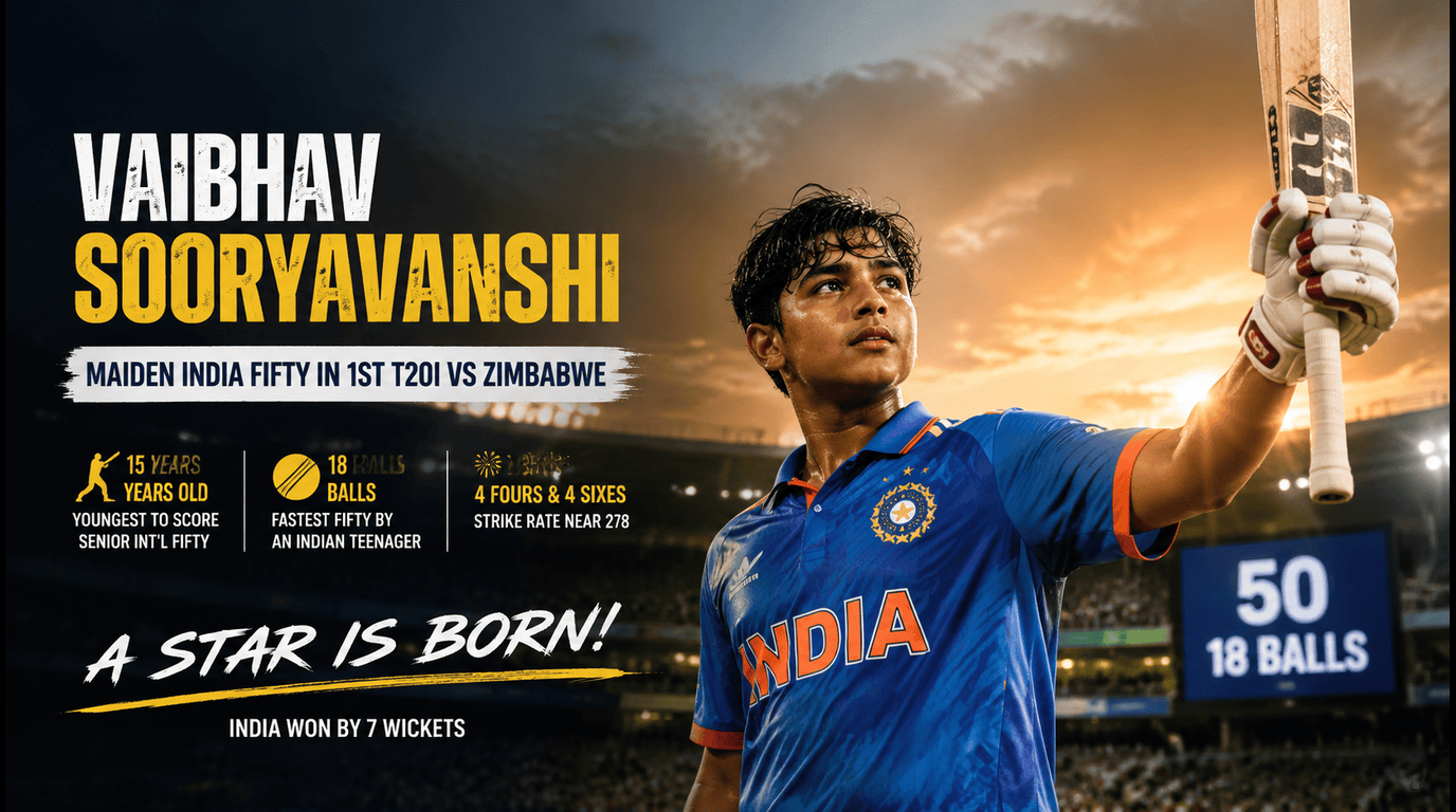 Vaibhav Sooryavanshi Hits Maiden India Fifty in 18 Balls vs Zimbabwe