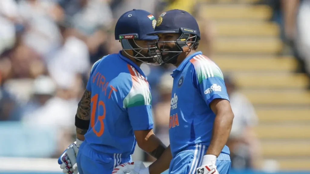A pensive Rohit Sharma in the Indian ODI jersey walking off the cricket field with his helmet, set against a historic cricket stadium background, symbolizing discussions surrounding his international career transition.