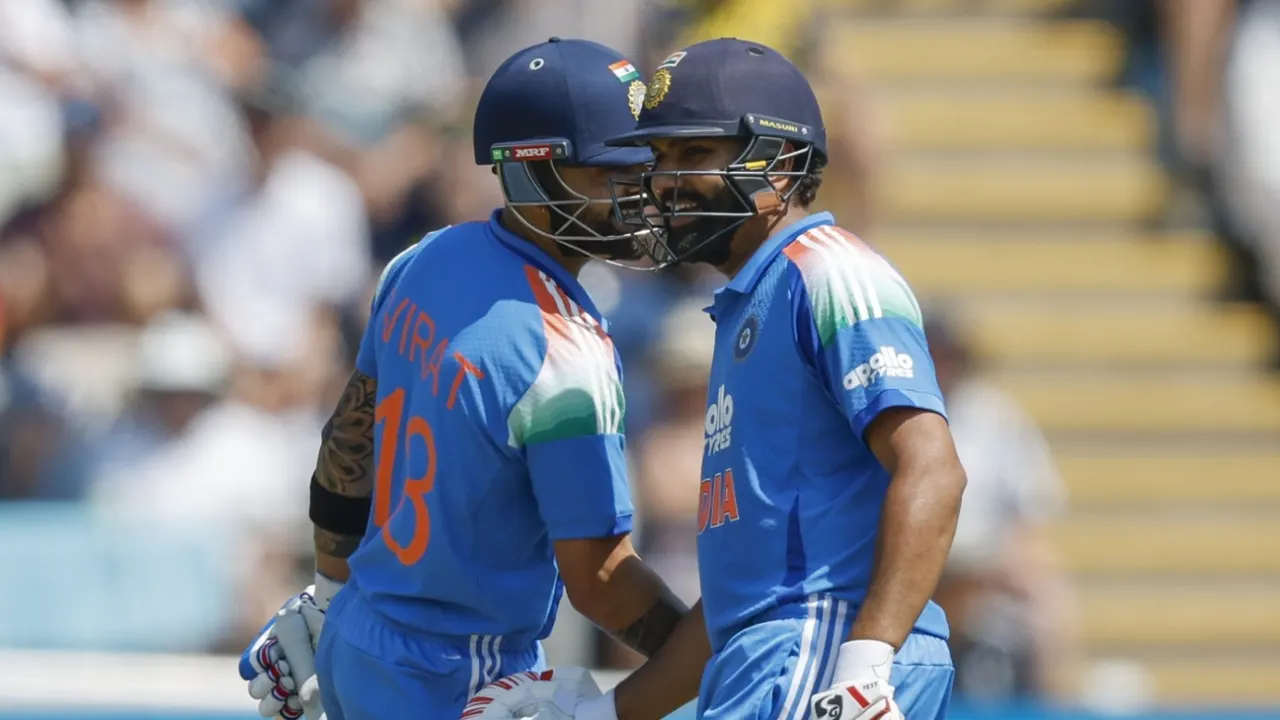 A pensive Rohit Sharma in the Indian ODI jersey walking off the cricket field with his helmet, set against a historic cricket stadium background, symbolizing discussions surrounding his international career transition.