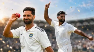 Editorial banner featuring Auqib Nabi celebrating his maiden India Test call-up after replacing injured Jasprit Bumrah for the Sri Lanka Test series, symbolizing a new chapter in India's pace attack.