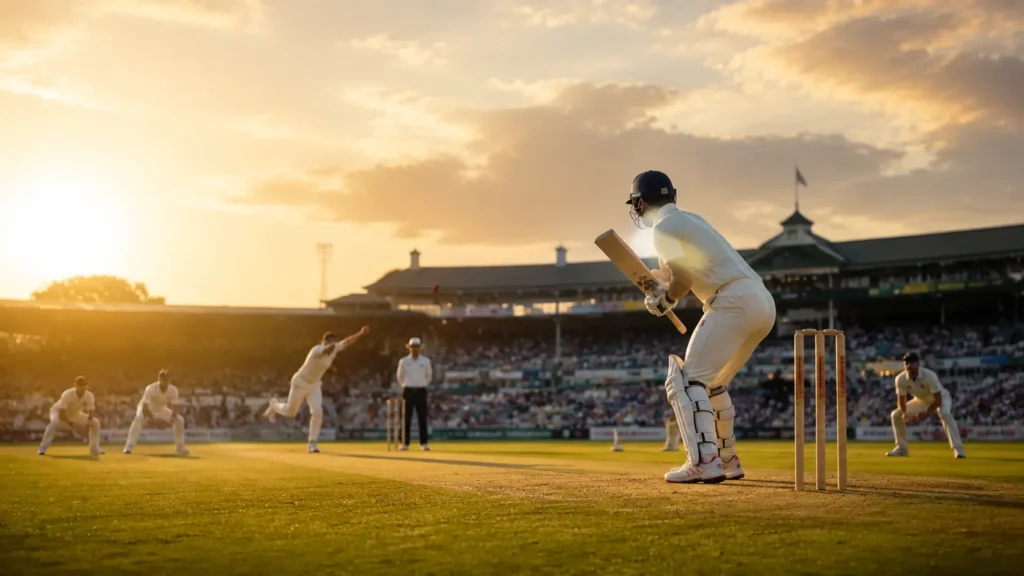 Cricmatch cricket match at sunset as a bowler delivers the ball to a batsman