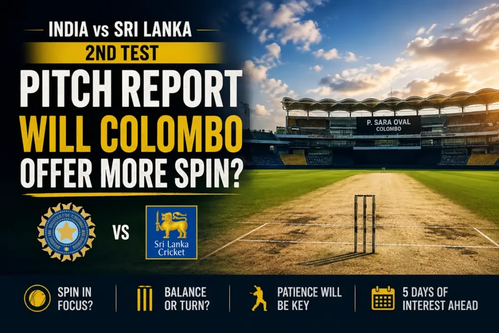 India vs Sri Lanka 2nd Test pitch report showing the Colombo P. Sara Oval cricket pitch and dry surface, highlighting potential spin-friendly conditions.