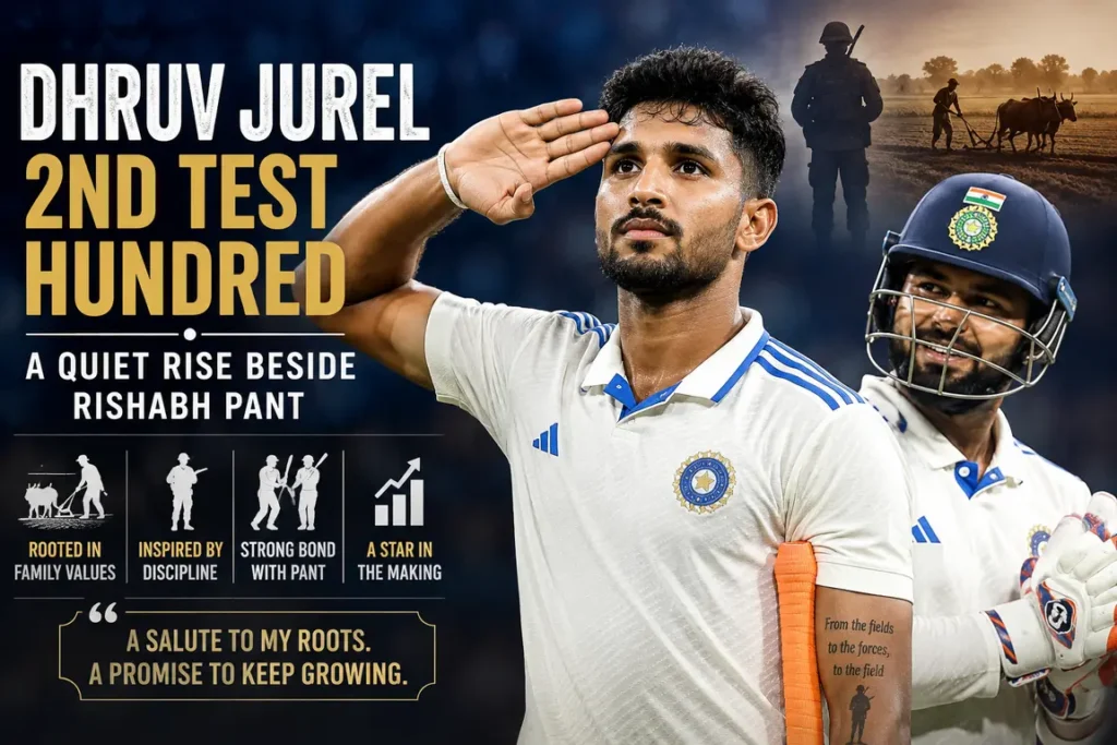 Dhruv Jurel 2nd Test hundred celebration as the Indian batter salutes and stands beside Rishabh Pant during a memorable Test innings.