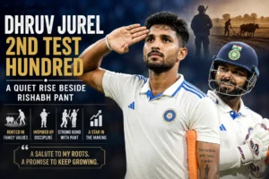 Dhruv Jurel 2nd Test hundred celebration as the Indian batter salutes and stands beside Rishabh Pant during a memorable Test innings.