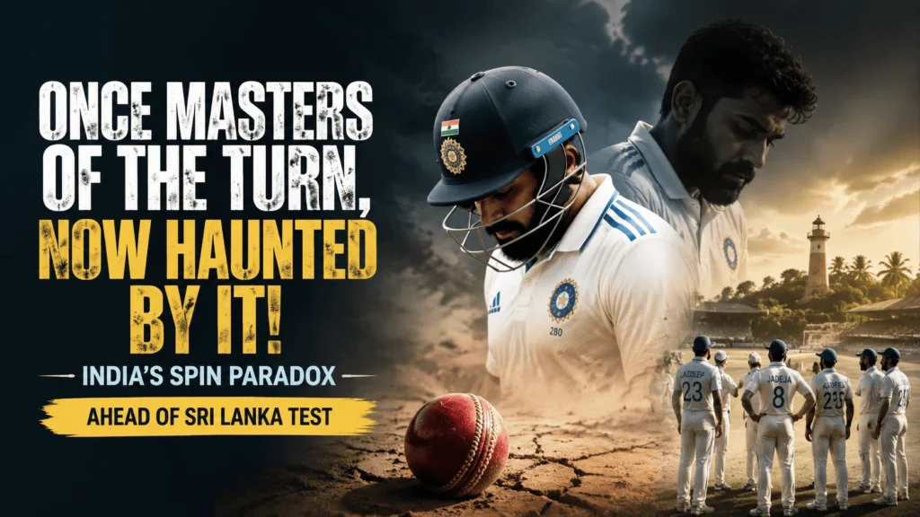 India Test cricketers on a dramatic Galle-style cricket ground with a turning pitch under stormy skies, symbolizing Iindia's spin paradox ahead of sri lanka test match, with the headline "Once Masters of the Turn, Now Haunted by It."