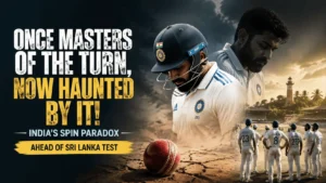 India Test cricketers on a dramatic Galle-style cricket ground with a turning pitch under stormy skies, symbolizing Iindia's spin paradox ahead of sri lanka test match, with the headline "Once Masters of the Turn, Now Haunted by It."