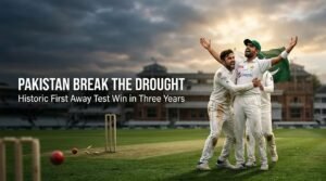 Pakistani Test cricket players passionately celebrating an eight-wicket victory on the pitch after breaking a three-year away win drought against West Indies at Queen's Park Oval.