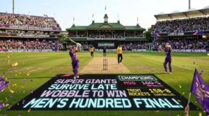 Tim Seifert and Manchester Super Giants players lifting The Hundred men's trophy at Lord's after the 2026 final.