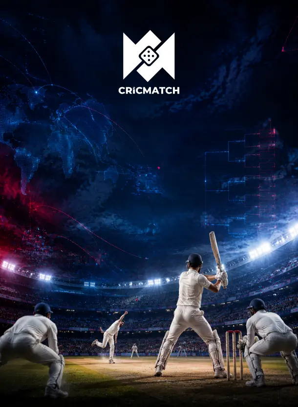 Cricmatch logo displayed above a cricket scene capturing the excitement of live match action