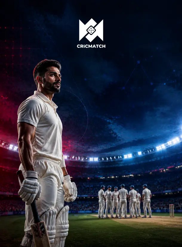 Cricket player in white with a bat in a lit stadium, with players huddled behind and the Cricmatch logo above