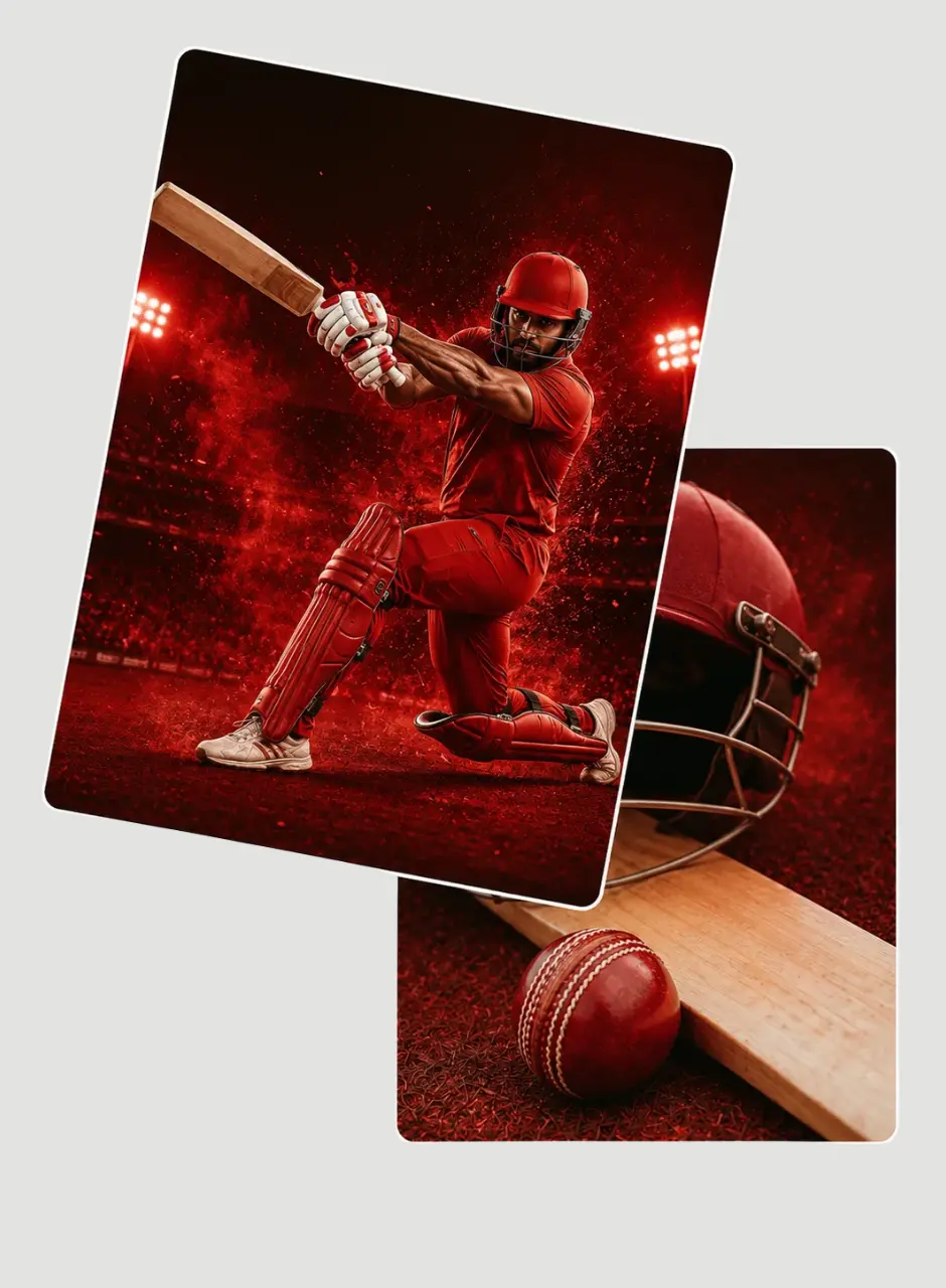 Premium cricket action poster featuring a professional batsman playing an explosive shot, cricket bat, red ball, helmet, and stadium floodlights in a dramatic blue and red sports setting.
