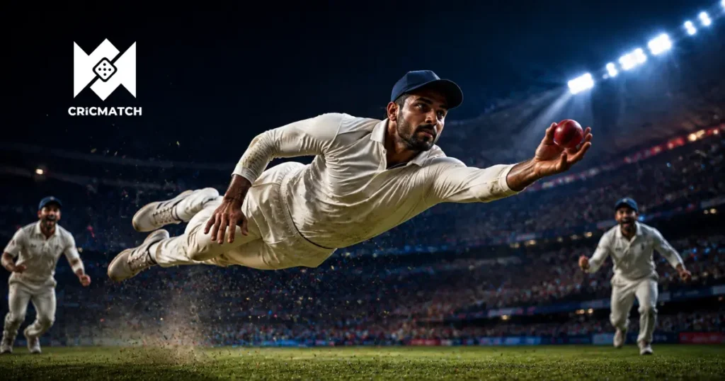 Cricket player in white dives to catch a red ball during a night Cricmatch with teammates behind