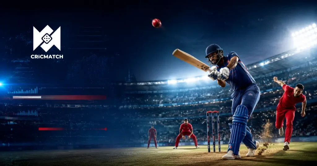 Cricket player in blue swings at the ball as players in red stand under bright stadium lights beside the Cricmatch logo