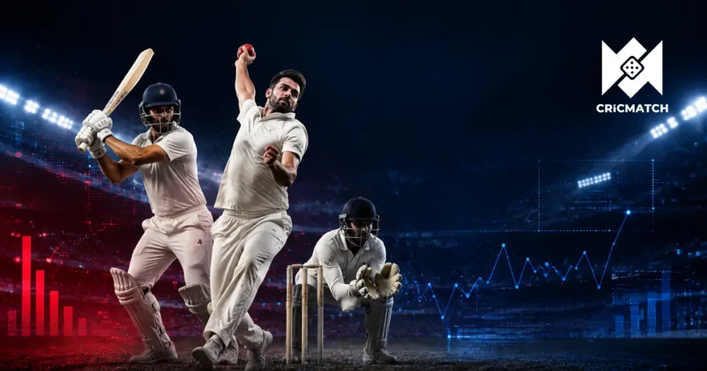 Three cricket players, a batsman, bowler, and wicketkeeper stand on a stadium-lit field with the Cricmatch logo