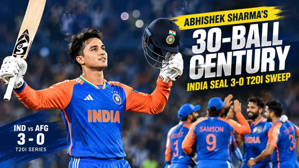 Abhishek Sharma celebrating his 30-ball century during India’s 3-0 T20I series sweep over Afghanistan in Delhi.