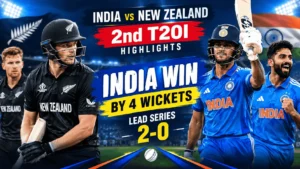 India vs New Zealand 2nd T20I highlights featuring Tilak Varma and Nitish Kumar Reddy during India's four-wicket victory in Christchurch.