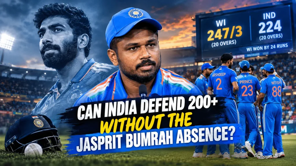Jasprit Bumrah absence impact on India’s T20I bowling as Sanju Samson reacts to West Indies scoring 247/3 in Hyderabad.