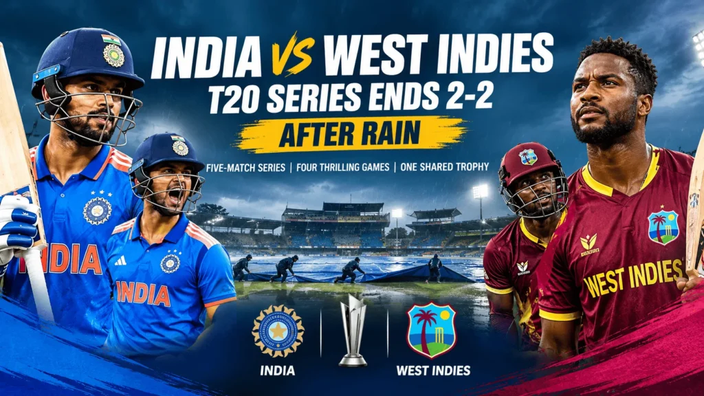 India vs West Indies T20 series ends 2-2 after rain abandons the fifth T20I in Bengaluru, featuring Indian and West Indies cricket players.