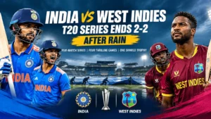 India vs West Indies T20 series ends 2-2 after rain abandons the fifth T20I in Bengaluru, featuring Indian and West Indies cricket players.