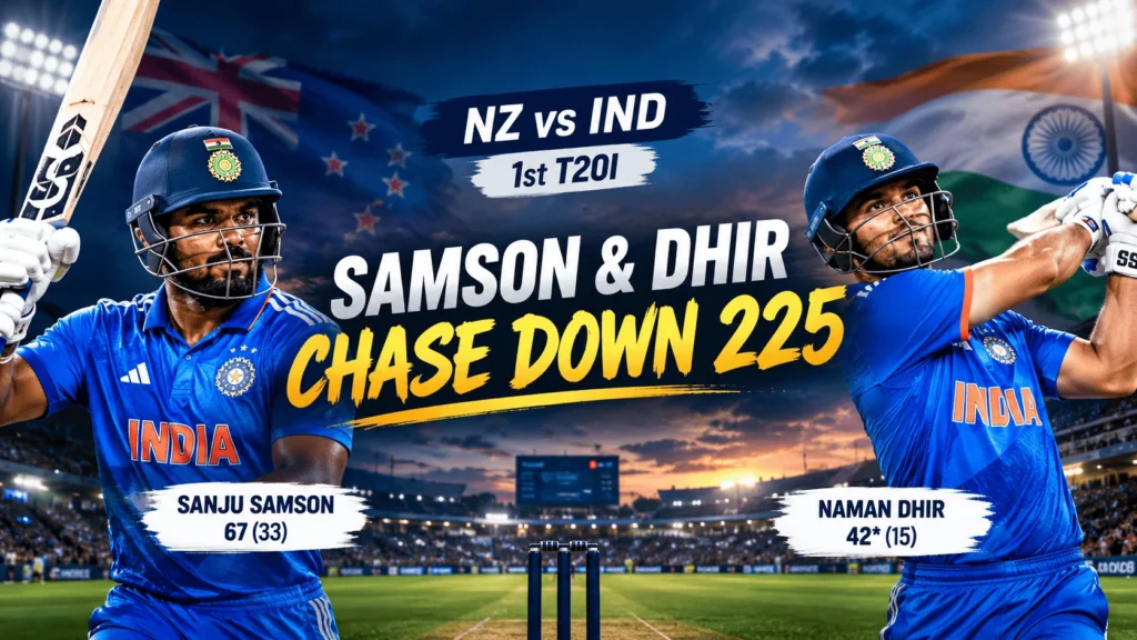 India vs New Zealand 1st T20I cover banner featuring Sanju Samson and Naman Dhir after India's thrilling chase of 226 runs, with Samson scoring 67 off 33 balls and Dhir remaining unbeaten on 42 off 15 balls.